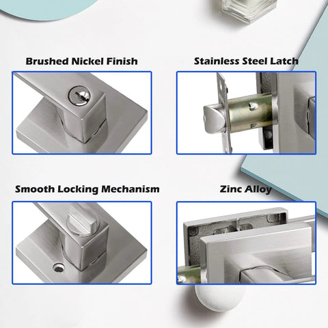 Keyed Entry Lever Lock For Exterior And Front Doors, Heavy Duty Satin Nickel Finish, close-up of brushed nickel, latch, and locking mechanism