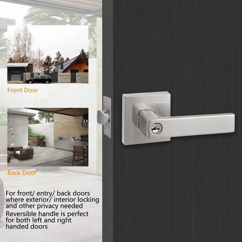 Keyed Entry Lever Lock For Exterior And Front Doors, Heavy Duty Satin Nickel Finish in reversible design shown on black door