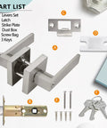 Keyed Entry Lever Lock For Exterior And Front Doors, Heavy Duty Satin Nickel Finish, with parts including latch, screws, and keys