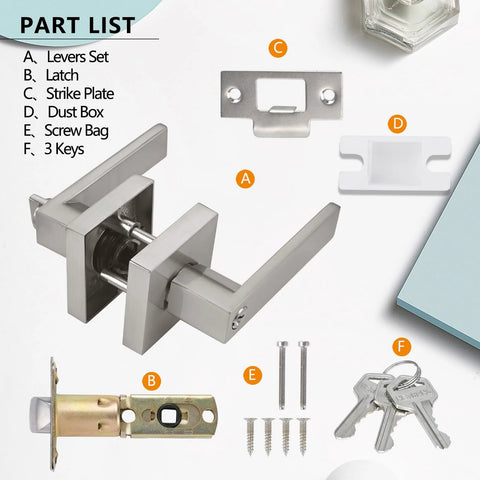 Keyed Entry Lever Lock For Exterior And Front Doors, Heavy Duty Satin Nickel Finish, with parts including latch, screws, and keys