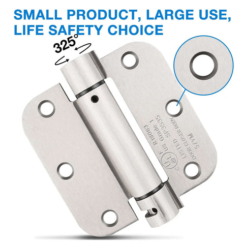 Self Closing Door Hinges 3.5 Inch Heavy Duty Satin Nickel Finish Built To Last With 5/8 Inch Radius in silver brushed nickel, front view