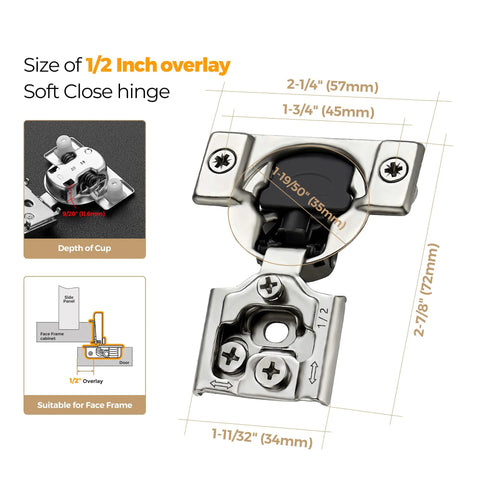 Premium 60 Pack Half Inch Overlay Soft Close Cabinet Hinges Satin Nickel Finish Hidden Concealed For Kitchen Cabinets Easy Install With 35mm Cup 11.6mm Cup Depth 45mm Screw Hole Spacing 105 Degree Opening Quiet Self Closing And 3 Way Adjustable Ravinte