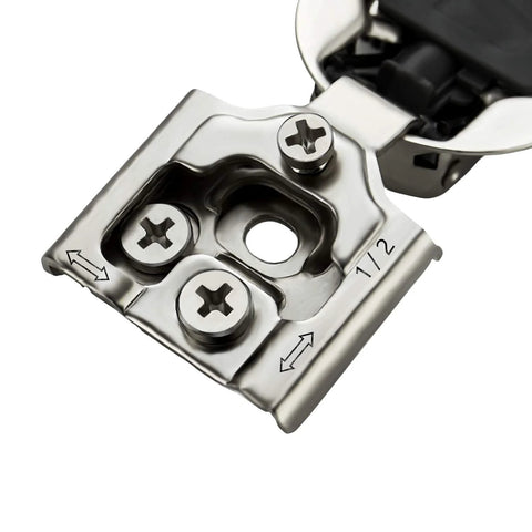 Close-up of stainless steel hinge from 10 Pack 5 Pairs One Half Inch Overlay Soft Close Hinges For Kitchen Cabinets Satin Nickel Concealed Hidden