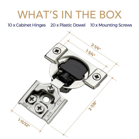 Diagram of 10 Pack 5 Pairs One Half Inch Overlay Soft Close Hinges For Kitchen Cabinets with screws and dowels included
