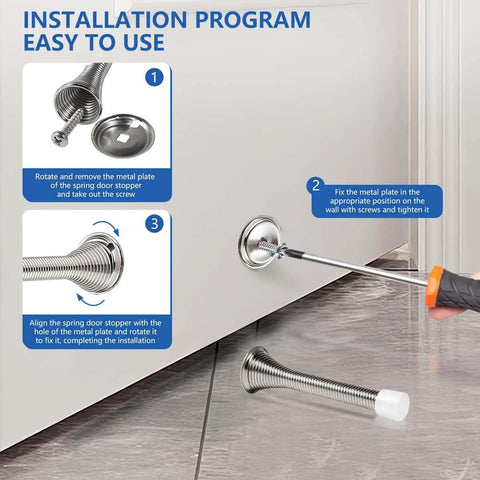 Installation steps for a Pack Of 12 Spring Door Stops Flexible Heavy Duty Door Stoppers with rustproof screws and rubber bumper tips.