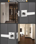 5 Pack Satin Nickel Square Door Levers And Handles For Interior Passage Locks Built To Last For Hallways And Closets Heavy Duty Zinc Alloy Construction Fits One And Three Eighths Inch To One And Three Quarters Inch Doors Universal Latch Reversible, installed on gray doors with privacy function view.