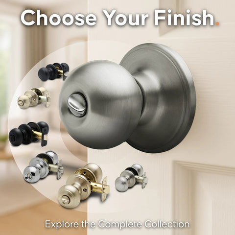 Privacy Interior Door Knob With Turn Button Lock ANSI Grade 3 Certified, satin stainless finish, shown installed on a door.