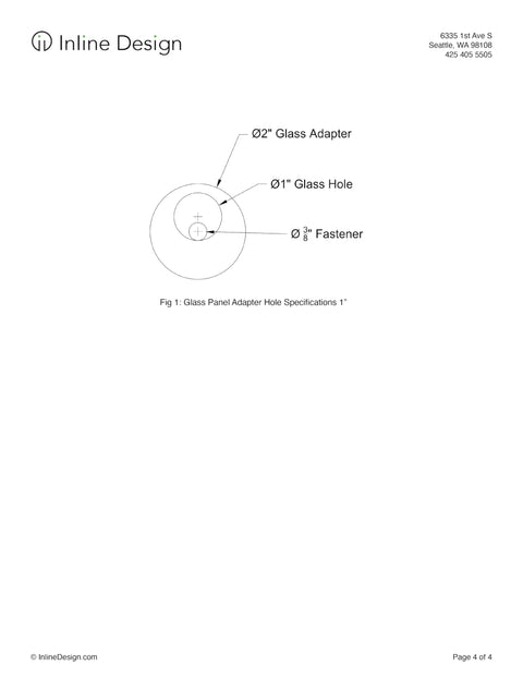 Diagram of glass panel adapter with labeled glass hole and fastener specifications.
