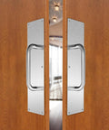 Two Pack Satin Finish 304 Stainless Steel Door Pull Handles 100mm Width 400mm Height 1.2mm Thick With 180mm Hole to Hole and 200mm Handle Length 19mm Pull Diameter Rust Resistant Easy to Clean installed on wooden doors