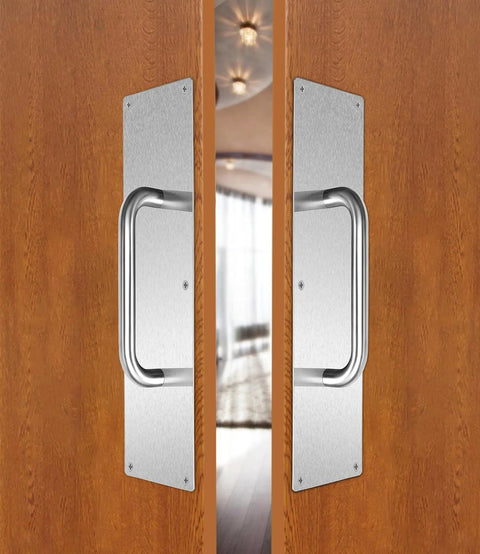 Two Pack Satin Finish 304 Stainless Steel Door Pull Handles 100mm Width 400mm Height 1.2mm Thick With 180mm Hole to Hole and 200mm Handle Length 19mm Pull Diameter Rust Resistant Easy to Clean installed on wooden doors
