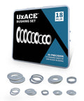 Saw Blade Bushing Set And Arbor Spacer Kit Reduction Ring Bundle 18 Pack with 9 sizes shown in packaging and individual bushings displayed