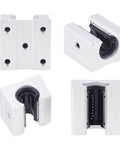 Four Piece SBR Linear Ball Bearing Blocks Set For 20mm SBR Rails And Guides, aluminum CNC parts shown from various angles.