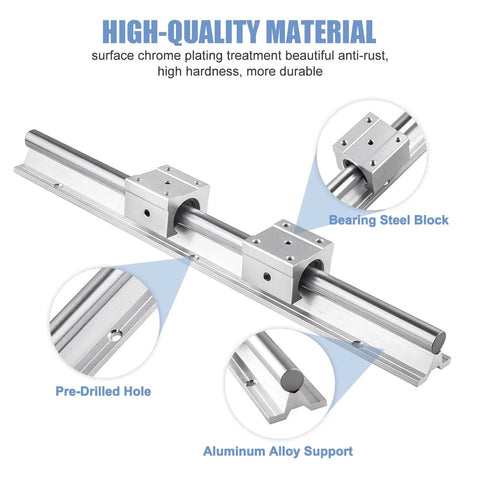 Image of SBR16 1200mm Linear Rail Guide with SBR16UU Slide Ball Bearing Blocks, pre-drilled holes, and aluminum alloy support.