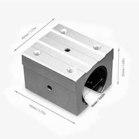 Experience smooth, precise motion with this four piece SBR16UU aluminum linear bearing block set, 16mm shaft, shown with dimensions.