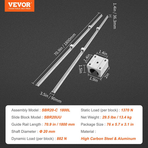 SBR20 Linear Rail Kit With Two 1800mm Rails And Four SBR20UU Blocks For CNC Routers And Automated Machines. High Precision Steel Rails.