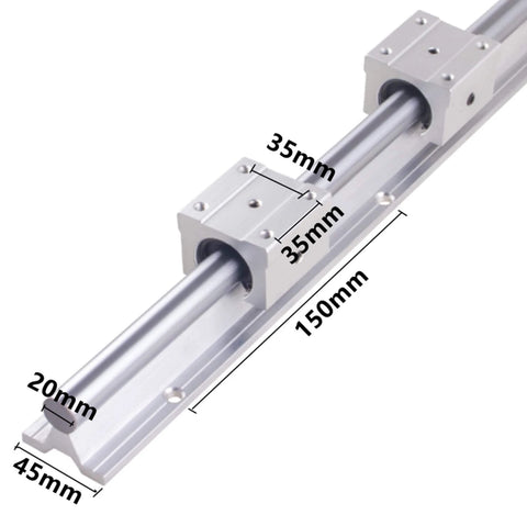 SBR20 Linear Rail Kit with 2pcs 2000mm Rails & 4pcs SBR20UU Square Blocks showing detailed measurements and aluminum support for CNC use.