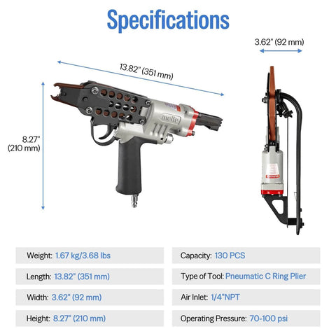 Specifications for SC7E Pneumatic Hog Ring Gun With Extended Nose For Deep Access, 15 Gauge Three Quarters Inch Crown, 8.8mm Closure