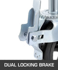 Close-up of a dual locking brake system on a 4 Pack Scaffolding Caster Wheels 8 Inch By 2 Inch Dual Locking Rubber Swivel Casters 360 Degree Heavy Duty 1100 lbs Capacity Per Wheel Ideal For Portable Scaffolds Construction And Workshop Benches Non Marking Quiet Rolling