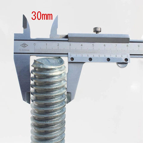 Close-up of a caliper measuring the 30mm diameter of the threaded stem of a Heavy Duty 6 Inch Locking Swivel Caster Wheel for Scaffolding.