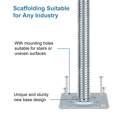 18 Inch Adjustable Scaffold Leveling Jacks Feet Kit For Baker Style Scaffolding Galvanized Solid Threaded Rods 4 Pack Rock Solid Heavy Duty Stability On Uneven Surfaces close-up with threaded rod and base plate.