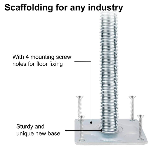 Adjustable Scaffold Leveling Jacks for Baker Style Scaffolding, 18 Inch Reach With 1.2 Inch OD Solid Screw Jacks, Galvanized Steel