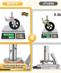 Comparison of 5kg and 3.5kg wheel casters on scales showing dual pin holes and poly wheels.