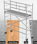 Scaffolding platform on various floor surfaces with 5 inch scaffolding casters set of 2 with dual locking brakes and square stem.