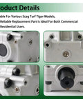 Close-up of Deck Gear Box Assembly for Scag Turf Tiger Mower 482486 481516 Replacement showing metal housing and bolts