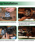 Installation steps of Deck Gear Box Assembly For Scag Turf Tiger Mower 482486 481516 Replacement on a mower deck.