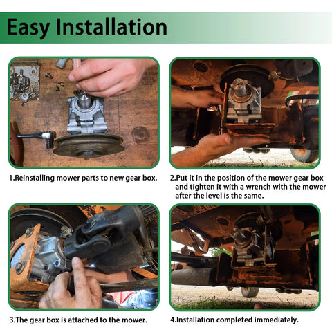 Installation steps of Deck Gear Box Assembly For Scag Turf Tiger Mower 482486 481516 Replacement on a mower deck.