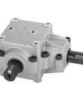 Front view of Deck Gear Box Assembly For Scag Turf Tiger Mower 482486 481516 Replacement, showing metal casing and connection shafts.