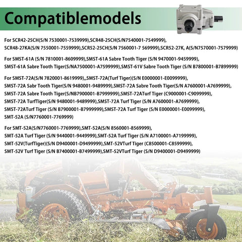 Deck Gear Box Assembly For Scag Turf Tiger Mower 482486 481516 Replacement with compatibility list for various models.