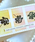 Greeting card with floral design and text 'Our Loving Thoughts Embrace You' using 2 Pack Mini Slim Line Stitched Scallop Square Frame Cutting Dies Carbon Steel For DIY Scrapbooking Embossing Die Cuts Card Making Templates Stencils Handmade Art Decoration Album Cardstock Great for DIY Projects.