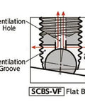 Diagram of SCBS-M5-12-VF NBK Clamping Cap Vacuum Vented Screws - flat ball showing ventilation hole and groove for vacuum devices.
