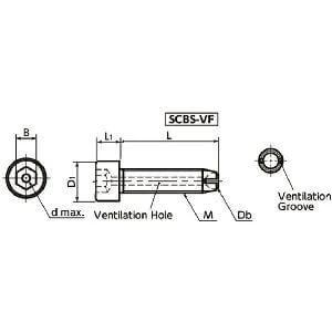 Technical diagram of ✝️ SCBS-M5-12-VF NBK Clamping Cap Vacuum Vented Screws, flat ball for vacuum devices with measurements.