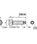 Diagram of ✝️ SCBS-M5-12-VR NBK Clamping Cap Vacuum Vented Screws with ventilation hole and groove details for vacuum devices, made in Japan.
