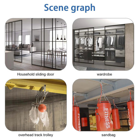 Scene graph showing household sliding door, wardrobe, overhead track trolley, and sandbag setups in various environments.