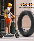 Heavy Duty 10x2.50 Thicker 40% Butyl Inner Tube with CR202 90° Bent Valve Stem beside man on electric scooter
