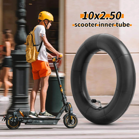 Heavy Duty 10x2.50 Thicker 40% Butyl Inner Tube with CR202 90° Bent Valve Stem beside man on electric scooter