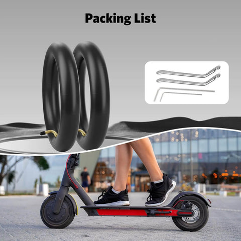2Pack 8.5 Inches Scooter Inner Tube,8.5'' x 2" Inner for Gotrax Gxl V2 M365, shown with tools and scooter in urban setting