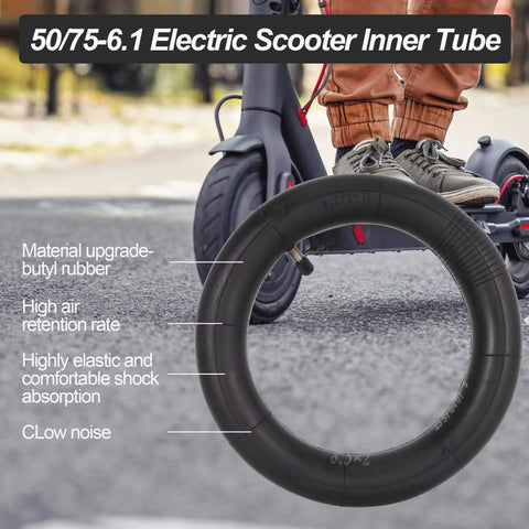 50/75-6.1 electric scooter inner tube with butyl rubber upgrade, shown next to a scooter wheel, compatible with Gotrax Gxl V2