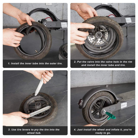 Installation steps for 8.5 Inch Scooter Inner Tubes, compatible with Gotrax Gxl V2/ M365/Pro 2/1s, showing tube insertion and tire mounting.