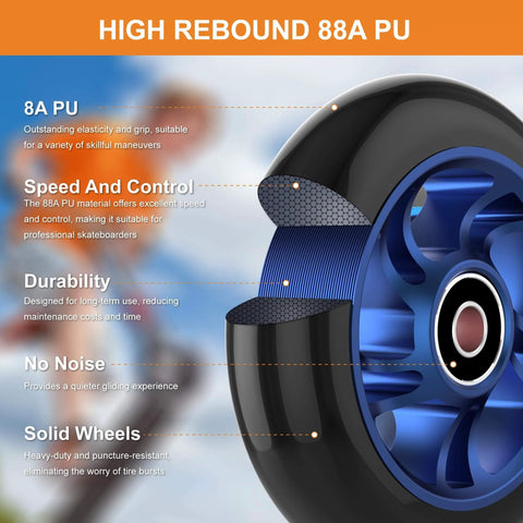 Close-up of a 100mm pro scooter replacement wheel, showing its blue aluminum alloy rim, 88A PU tire, and anti-lock bearings.