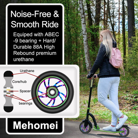 Woman riding a kick scooter with 100mm Scooter Replacement Wheels 2 Pack with 88A PU Tires Aluminum Core and 608RS Bearings Installed.