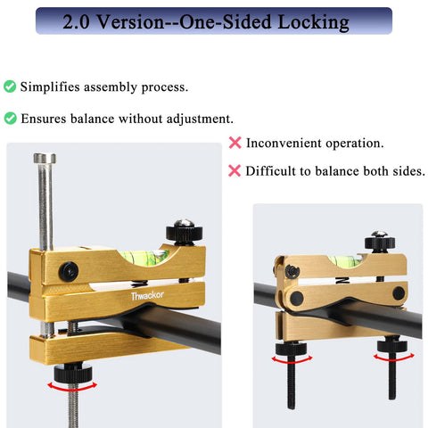 Image of a Scope Leveling Kit With One-Sided Barrel Clamp And Magnetic Reference Level Bubble In Gold Finish For Fast Install Upgraded One-Sided Clamp Lets You Tighten From One Side Screw Secured Level Tubes For Reliable Alignment Built To Last Thwackor showing two views of the one-sided locking mechanism on a barrel for simplified assembly and balance.