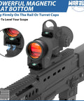 Close-up of rifle with installed WarBull Universal Scope Leveling Kit, high precision magnetic base for accurate reticle setup.