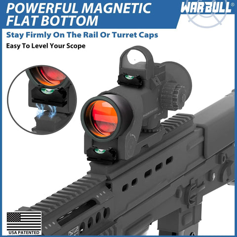 Close-up of rifle with installed WarBull Universal Scope Leveling Kit, high precision magnetic base for accurate reticle setup.