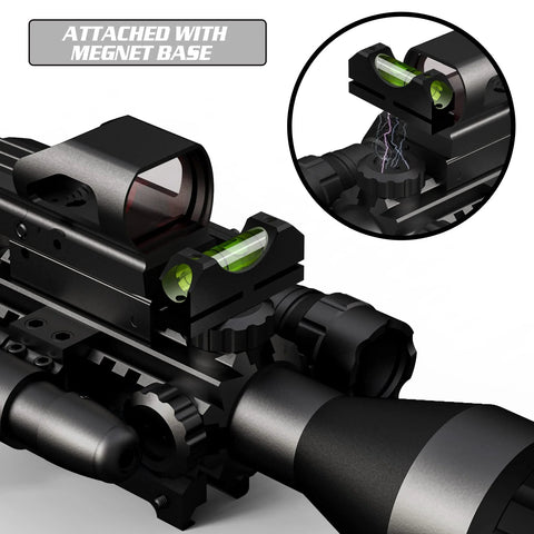 Precision Scope Leveling Tool For Easy Rifle Scope Mounting And Precise Alignment Universal And Professional Grade Heavy Duty Build Comes Stored In Durable Hard Case For Maintenance Black And Silver KNINE OUTDOORS attached to a rifle scope with a magnet base.