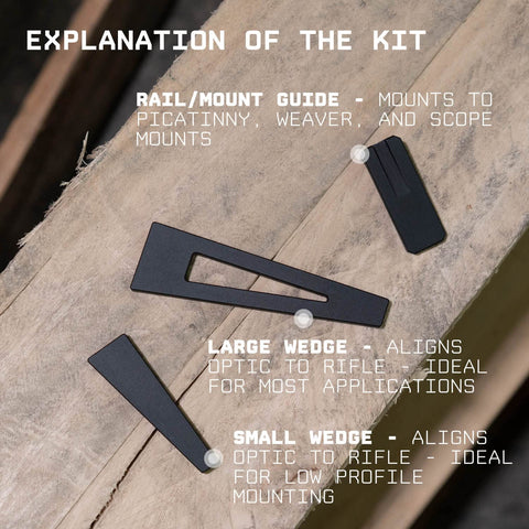 Scope Leveling Tool Kit With Base And Two Wedges For Precise Vertical Alignment While Mounting A Rifle Scope This Leveling System Helps You Get A Rock Solid Sight Picture And Quick Adjustments On Any Receiver By Monstrum, shown with rail and wedge components on wooden surface, detailed use text displayed.
