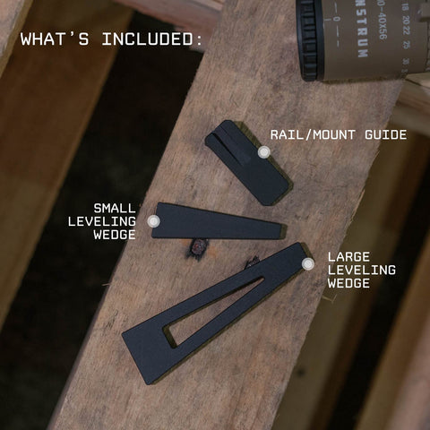 Scope Leveling Tool Kit With Base And Two Wedges For Precise Vertical Alignment While Mounting A Rifle Scope This Leveling System Helps You Get A Rock Solid Sight Picture And Quick Adjustments On Any Receiver By Monstrum showcasing rail/mount guide, small and large leveling wedges on wooden surface.